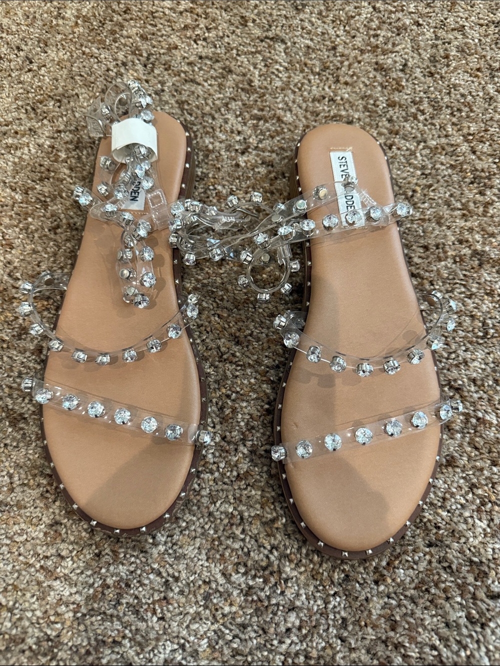 Steve Madden Clear Crystal Strappy Flat Sandals - Nude/Tan